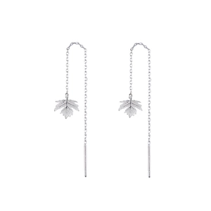 Elegant S925 sterling silver maple leaf threader earrings with delicate long tassels
