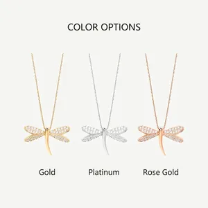 Elegant dragonfly pendant necklaces in gold, silver, and rose gold with pavé crystals