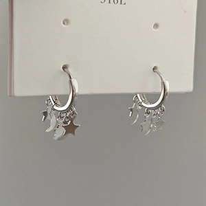 Minimalist 316L stainless steel hoop earrings with star and moon charms on card