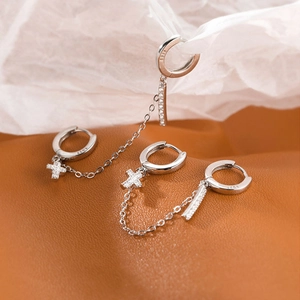 Elegant S925 sterling silver chain earrings with cross pendants and sparkling zircons