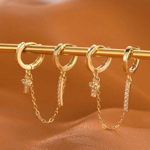 Elegant gold S925 sterling silver double hoop chain earrings with cross and crystal charms