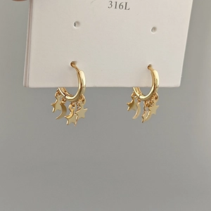 316L stainless steel gold hoop earrings with minimalist moon and star dangles