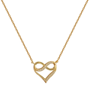 Collier cœur infini doré élégant avec cristaux de zircon brillants sur fond blanc