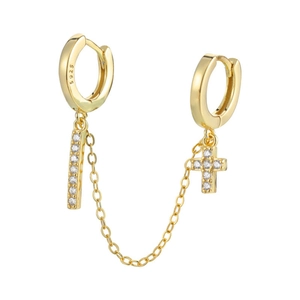 Gold-plated S925 silver double-hoop chain earrings with crystal cross and bar charms