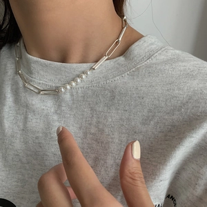 Geometric Paperclip Chain Necklace And Bracelet With White Artificial Pearls Silver Plated Copper Elegant Jewelry For Women