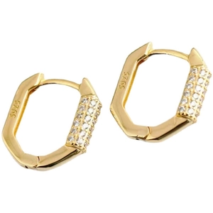 Elegant gold octagonal S925 silver hoop earrings with pave white zircon inlay