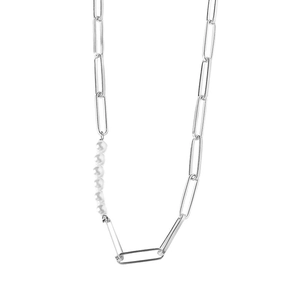 Elegant silver paperclip link necklace with six white pearls in a modern minimalist style