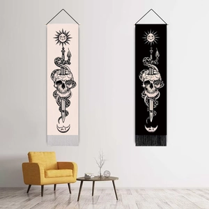 Modern sun and skull gothic wall tapestries with tassels in black and beige finishes