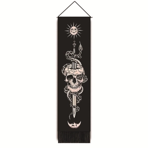 Vertical gothic sun skull tapestry with snake and moon patterns and black tassels