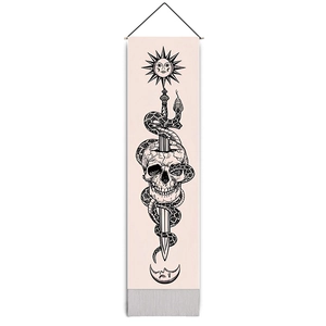 Vertical gothic tapestry with tarot sun, skull, snake, and moon illustrations and tassels