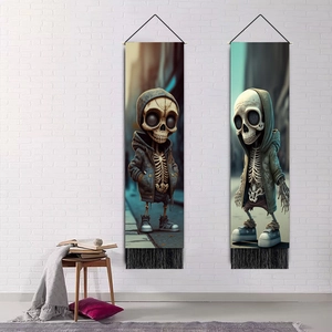 Skull art wall tapestries with street style characters and black tassel decorations