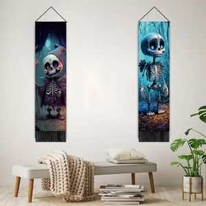 Skull series wall tapestries with tassels hanging in a minimalist living room interior