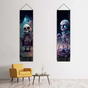 Gothic skull wall hanging tapestry set with black tassels for living room decor