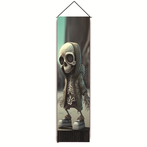 Vertical wall tapestry with cartoon skeleton in a hoodie and black decorative tassels