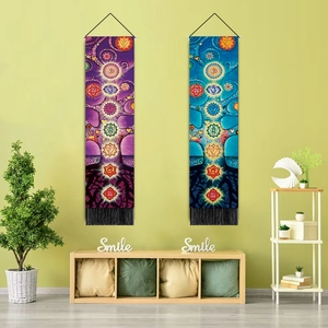 Detailed view of Chakra meditation wall tapestries with elegant black tassels and hanging rods