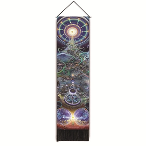 Detailed view of meditation tapestry with sacred geometry patterns and black tassels
