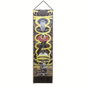 Detailed mystic wall hanging with snake, third eye, and hourglass over black fabric background