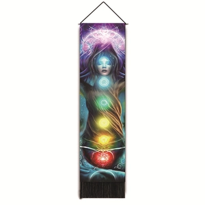 Vertical tree of life meditation wall tapestry with chakras and black fringe