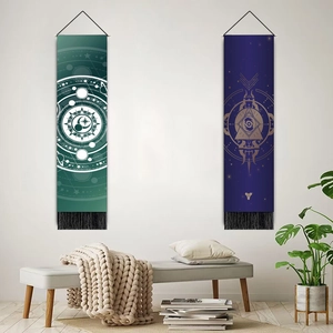 Minimalist moon phase and destiny tapestry with black tassels on a white wall decor
