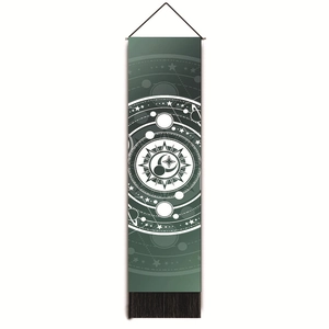 Vertical green gradient tapestry with white celestial patterns and black fringe details