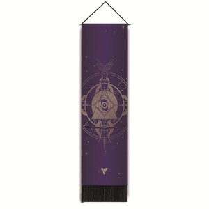 Detailed view of purple tapestry with golden geometric totems and black tassels