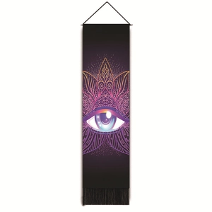 Detail of bohemian eye tapestry with purple mandala lotus and black tassels