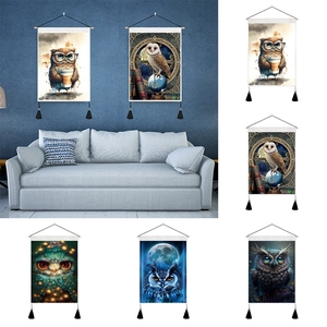 Owl Tapestry Wall Hanging Art Painting With Wood Rod And Tassels Nordic Style Decorative Scroll