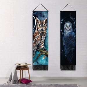 Nordic wall hanging tapestries with owl illustrations and black decorative tassels