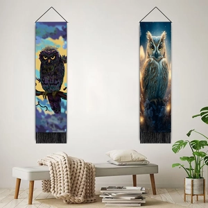 Nordic owl wall tapestries with tassels in abstract purple and warm artistic styles
