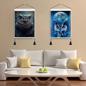 Nordic wall hanging tapestries featuring stylistic owl patterns with elegant black tassels