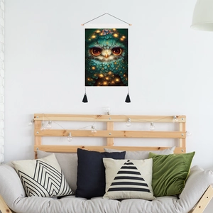 Nordic wall hanging tapestry featuring artistic owl illustration with wooden rod and tassels