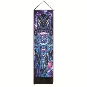 Nordic wall hanging tapestry featuring a dreamcatcher owl design with black tassels