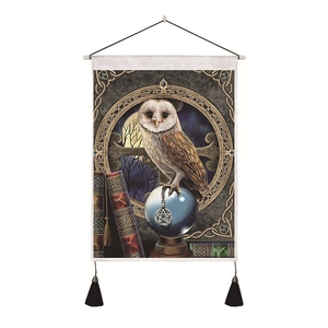 Detailed fantasy owl wall tapestry with crystal ball, magic books and black tassels