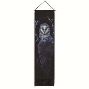 Detailed close-up of owl tapestry with dark starry background and black fringe
