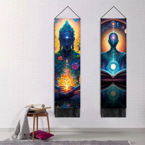 Set of two vertical meditation wall tapestries with psychedelic Buddha art and black tassels