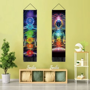Vertical wall tapestries showing seven chakras and human energy field with tassels