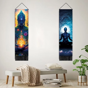 Meditation wall tapestries with Buddha and galaxy patterns featuring elegant black tassels