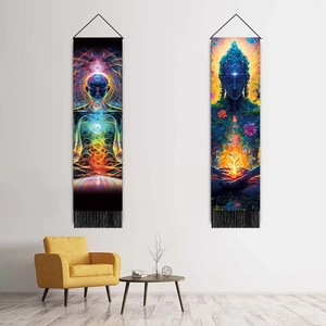 Meditation wall tapestry set with chakra art and Buddha lotus design featuring black tassels