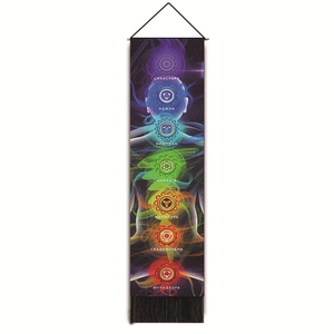 Meditation yoga chakra wall tapestry with colorful symbols and black fringe tassels