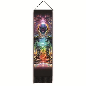 Detail of meditation tapestry with vibrant chakra energy lines and elegant black tassels