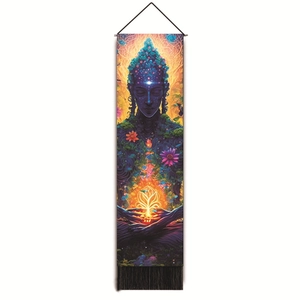 Vertical wall tapestry with meditation silhouette and colorful cosmic energy floral design