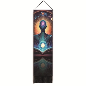 Vertical meditation tapestry featuring a blue mystical energy figure with black tassels