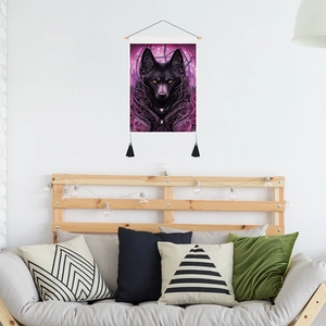 Nordischer Wandbehang Wandteppich mit schwarzem Wolfskopf und lila magischen Mustern