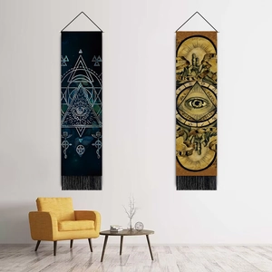 Minimalist eye pattern wall hanging tapestry with mystic symbols and black fringe tassels