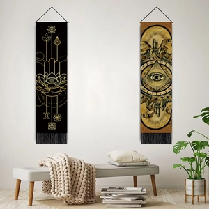 Modern boho wall tapestry with mystic hand, eye patterns and black tassels for home decor