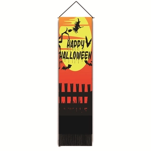 Arazzo di Halloween con sagoma di strega, tramonto e decorazione con nappe nere
