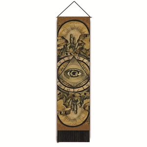 Mystical tapestry with all-seeing eye and zodiac signs on canvas with black tassels