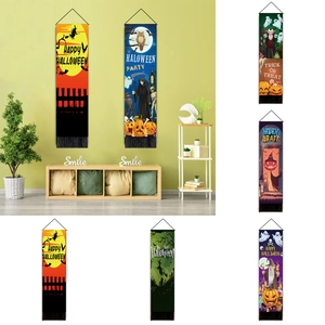 Arazzo Appeso Halloween Poliere Cotone Banner Verticale Con Nappa Grafica Strega Zucca Fantasma Decorazione