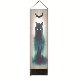 Lunar eclipse cat wall tapestry with black tassels for Nordic home wall decor