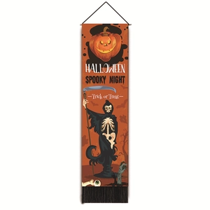 Arazzo verticale di Halloween con zucche, tristo mietitore e decori spaventosi